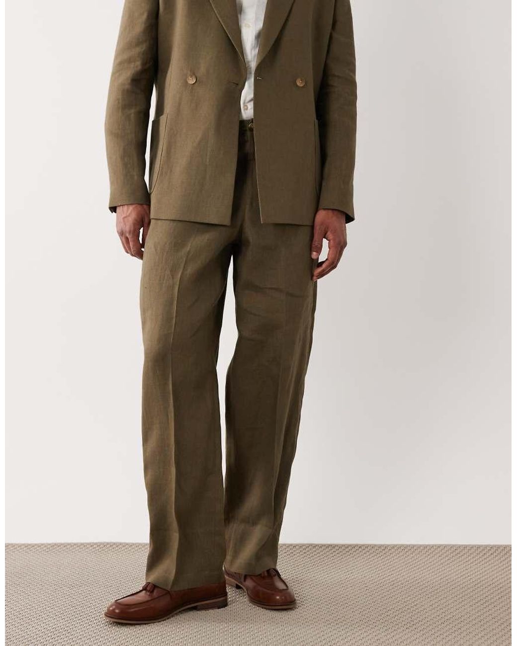 ASOS Natural Premium 100% Linen Wide Suit Pants for men
