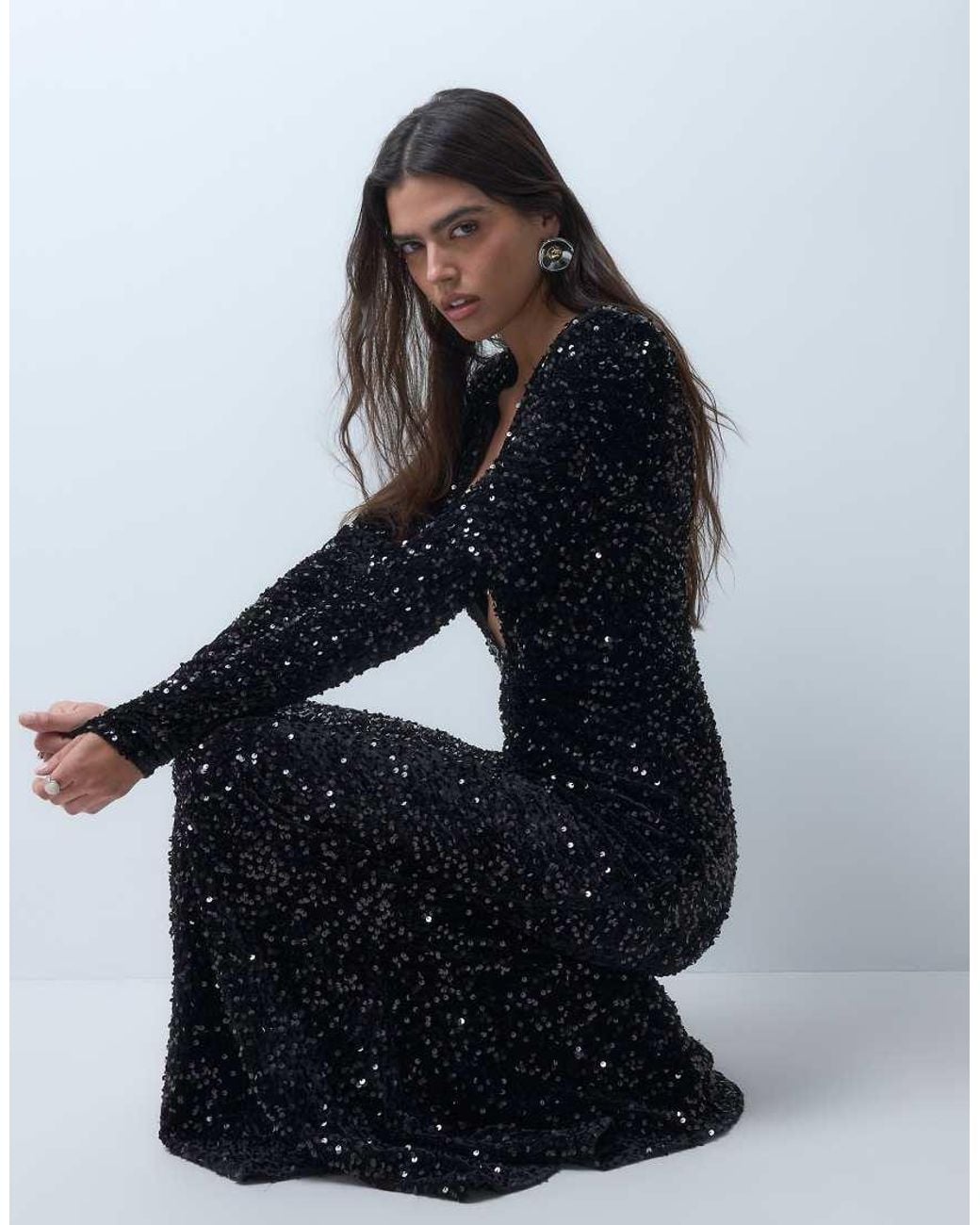 ASOS Blue Plunge Velvet Sequin Maxi Dress With Shoulder Pads