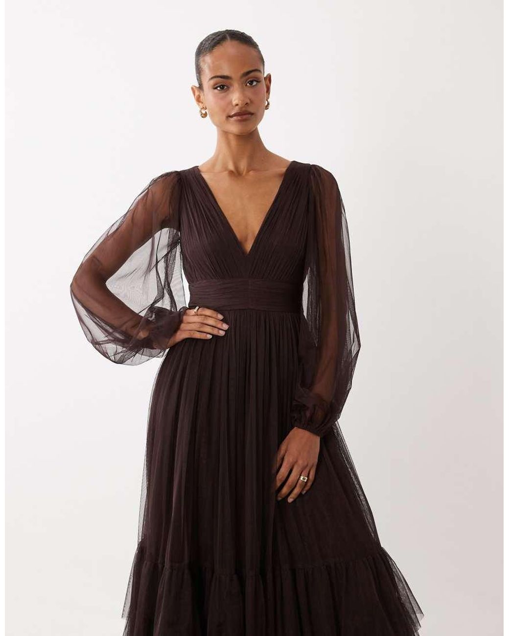 LACE & BEADS Black Bridesmaid Tulle Sheer Sleeve Plunge Neck Tiered Maxi Dress