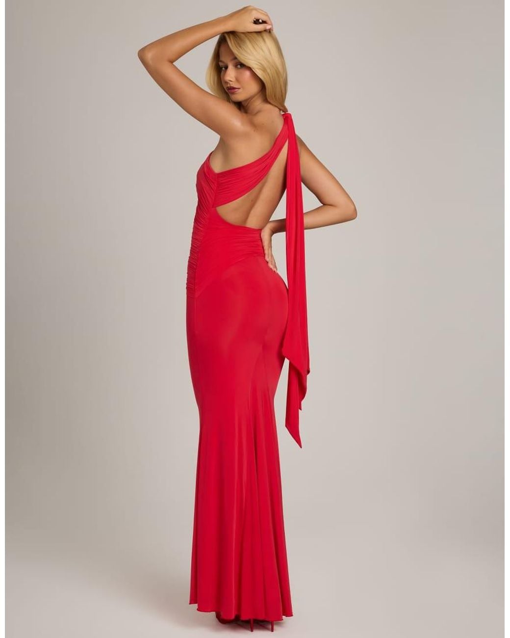 Oh Polly Red Slinky One Shoulder Asymmetric Tie Back Detail Maxi Dress