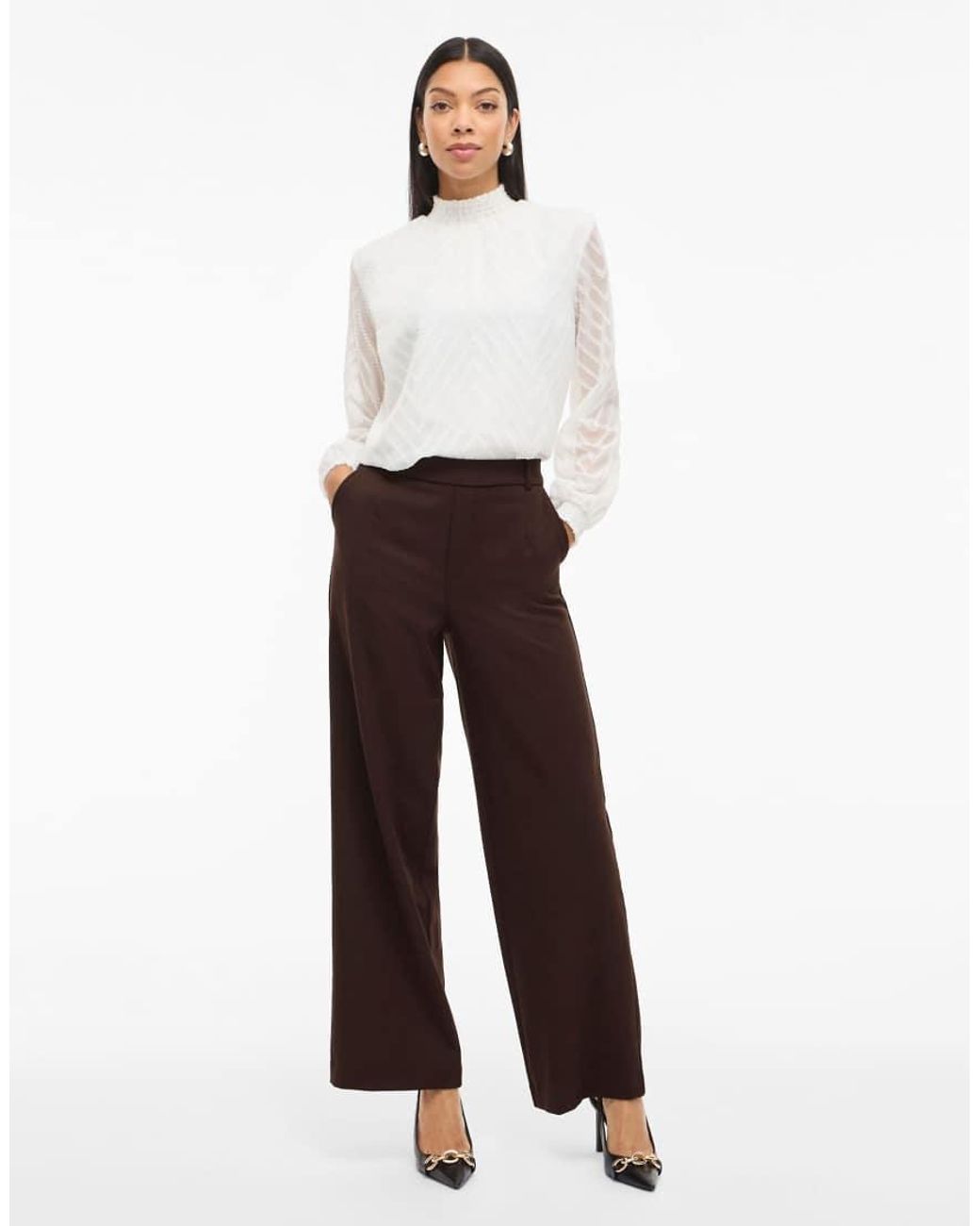 Vila Brown High Waisted Wide Leg Tailored Trousers