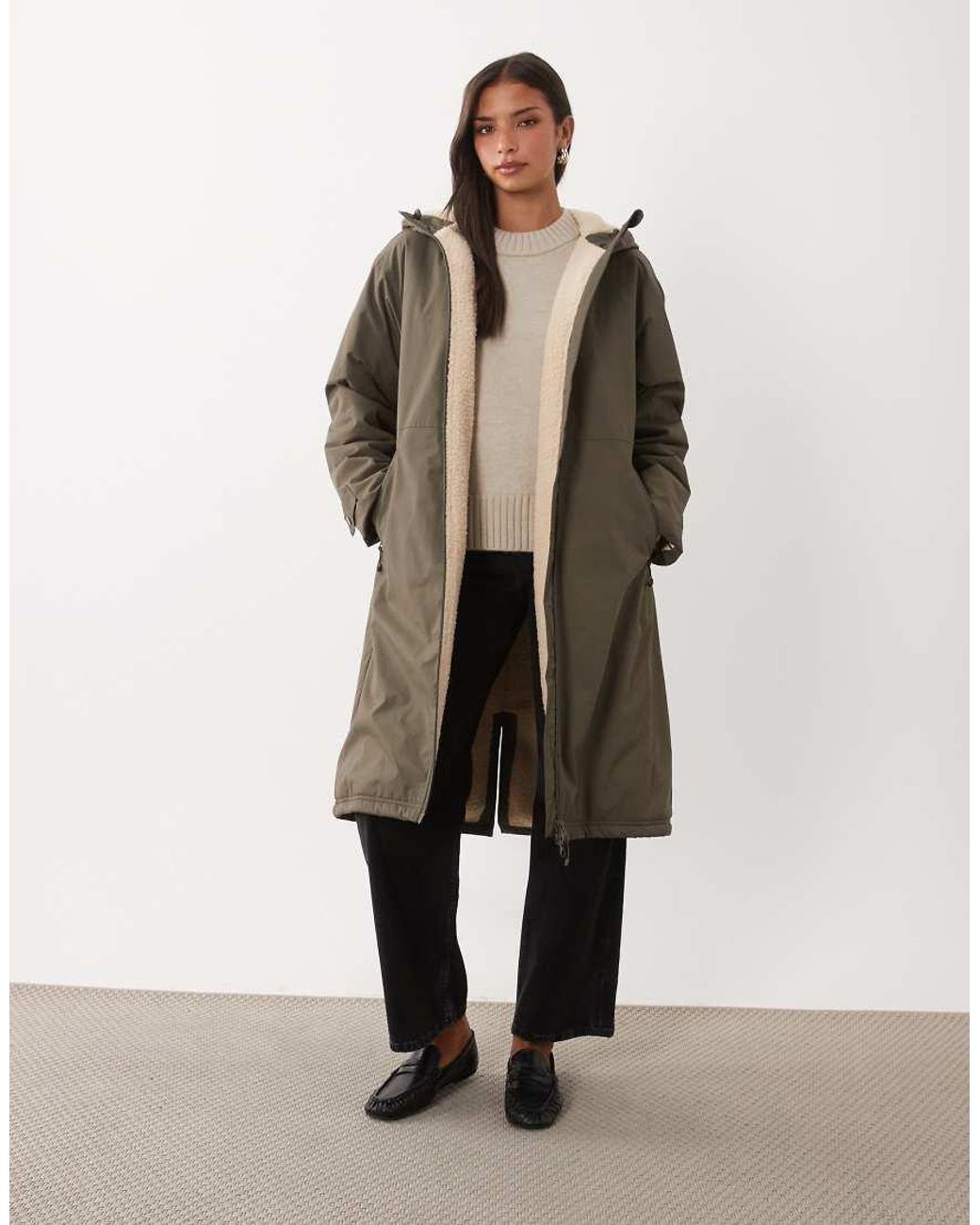 ASOS Natural Longline Rain Coat With Borg Liner