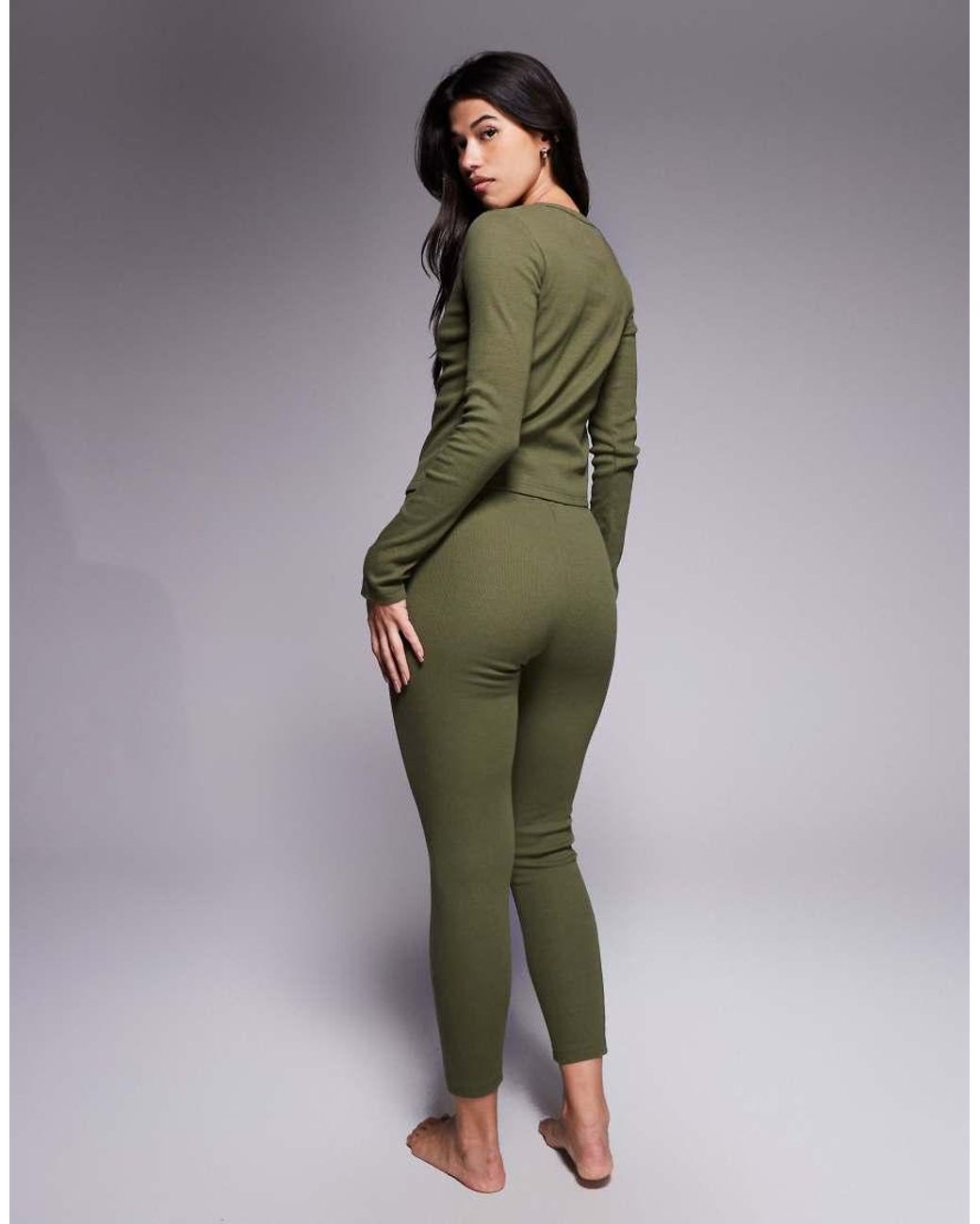 Threadbare Green Ribbed Button Down Long Sleeve Loungewear Set