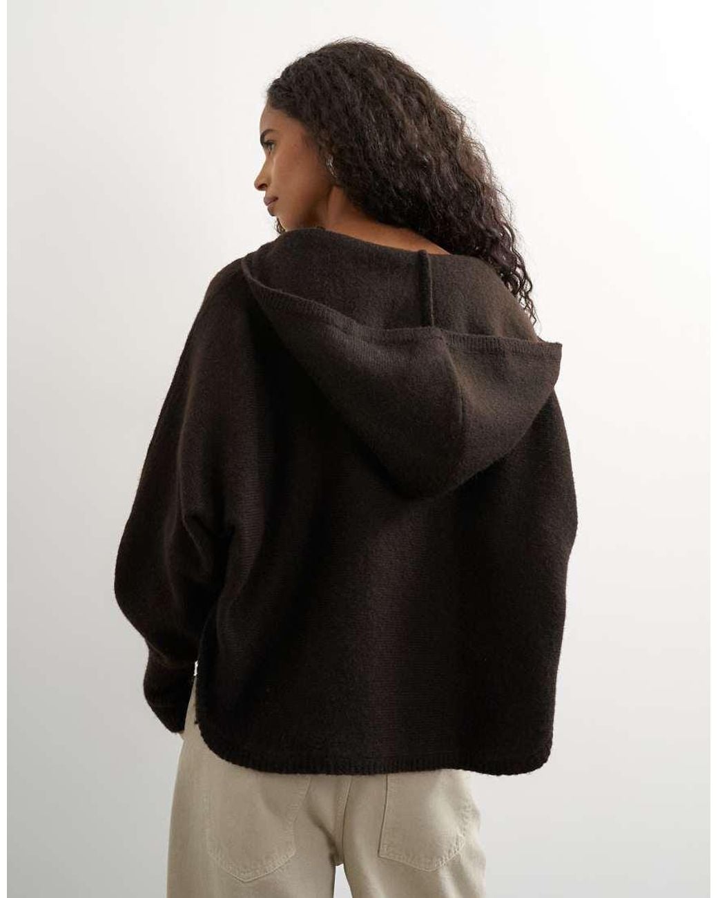 TOPSHOP Black Knitted Key Hole Curved Hem Hooded Jumper