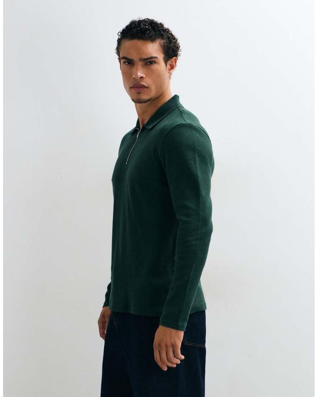 ASOS Green Long Sleeve Zip Polo for men