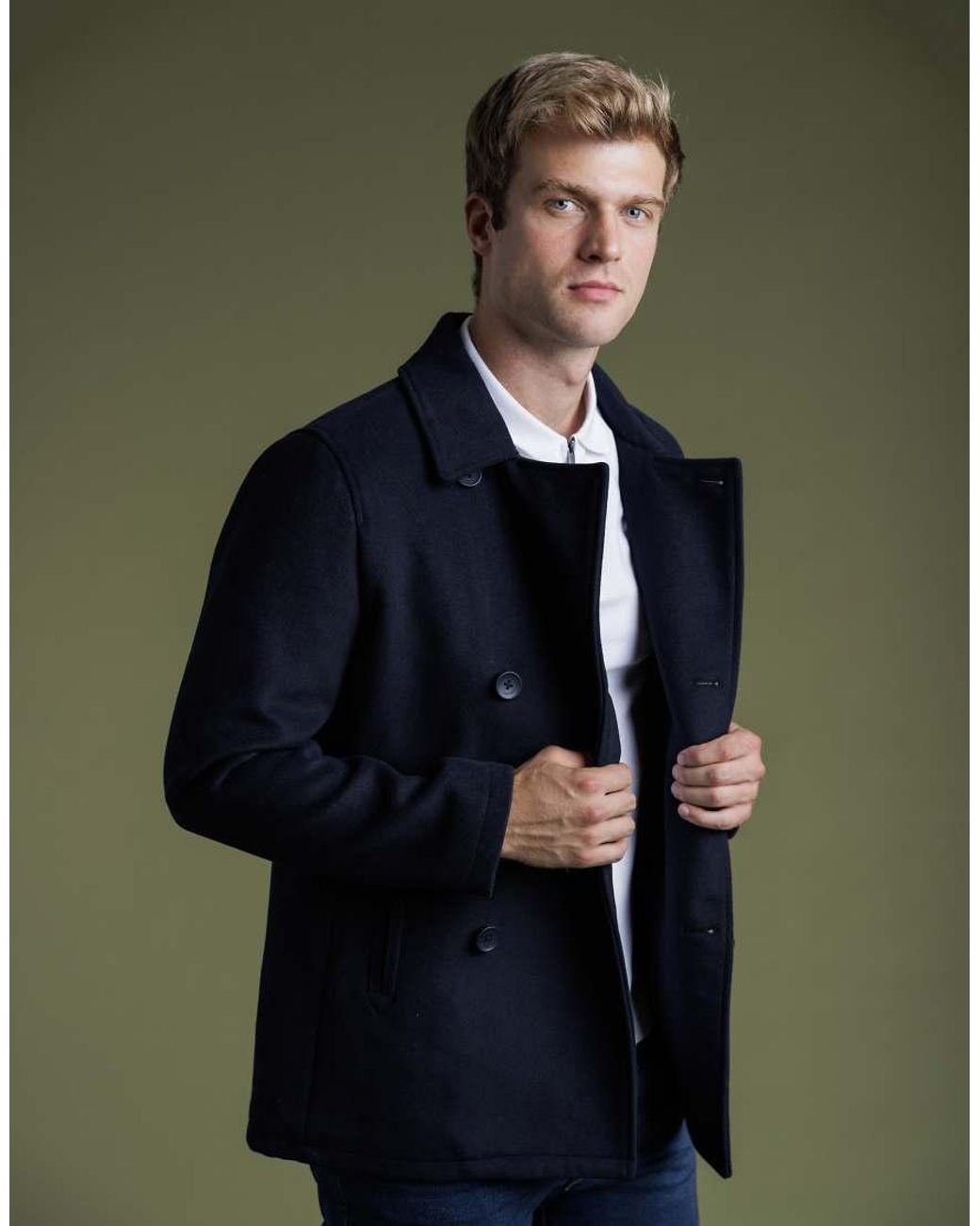 French Connection Green Wool Blend Double Breasted Pea Coat for men