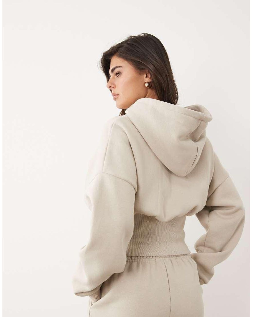 Kaiia Natural Cotton Rich Silver Hardware Logo Zip Through Cinched Waist Hoodie