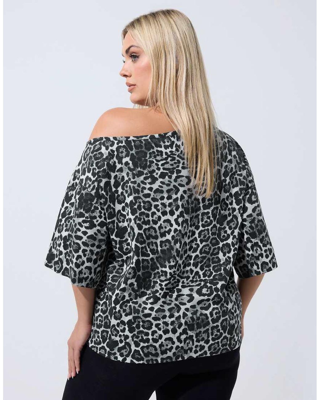 Yours Clothing Gray Leopard Off Shoulder Tee