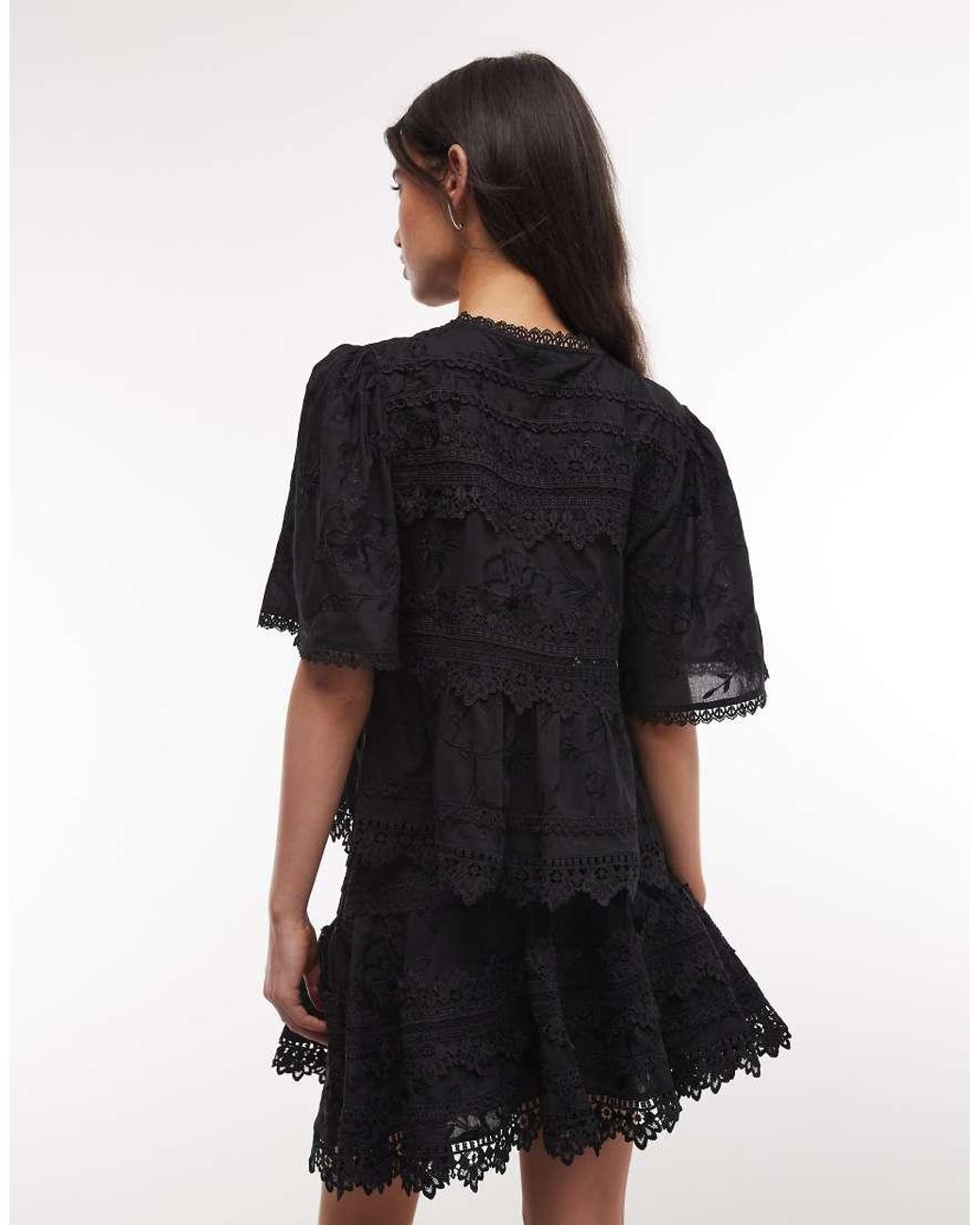 AllSaints Black Lillith Short Sleeve Tie Up Thrilly Lace Blouse