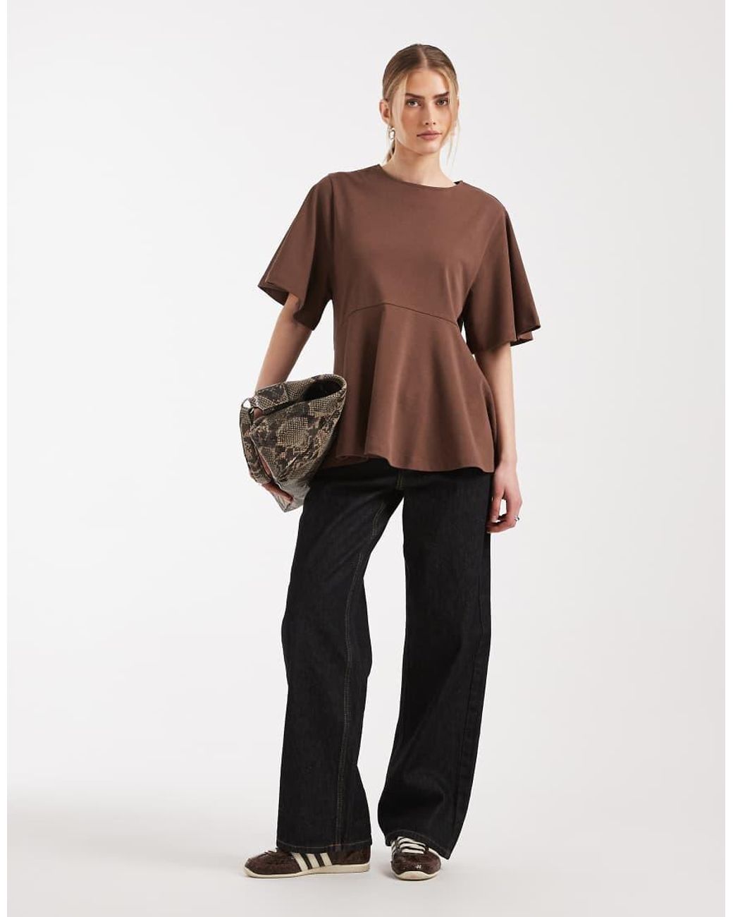 ASOS Brown Oversized T-shirt With exaggerated Sleeve And Peplum Hem