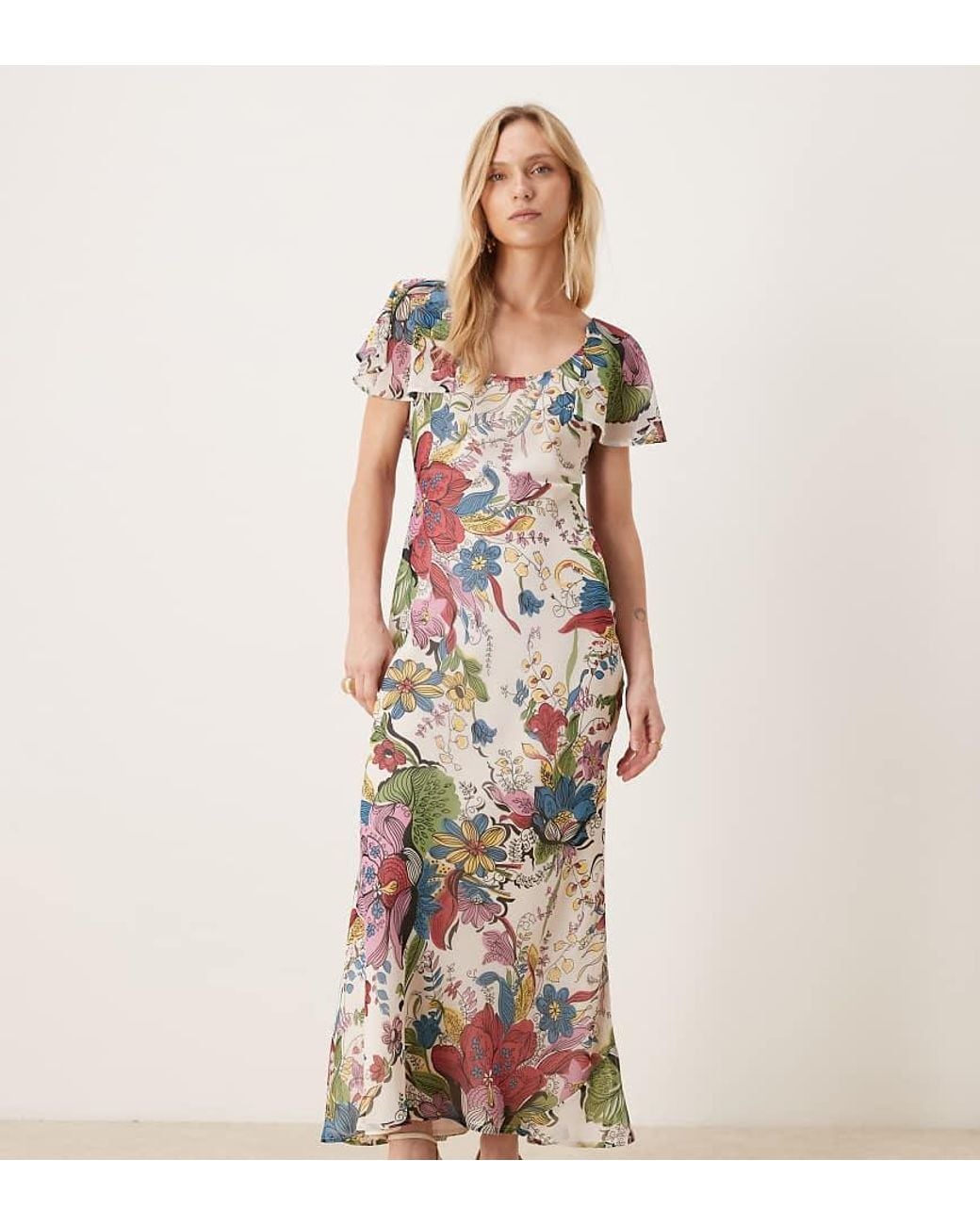 ASOS Natural Asos Design Petite Ruffle Sleeve Scoop Bias Maxi Dress