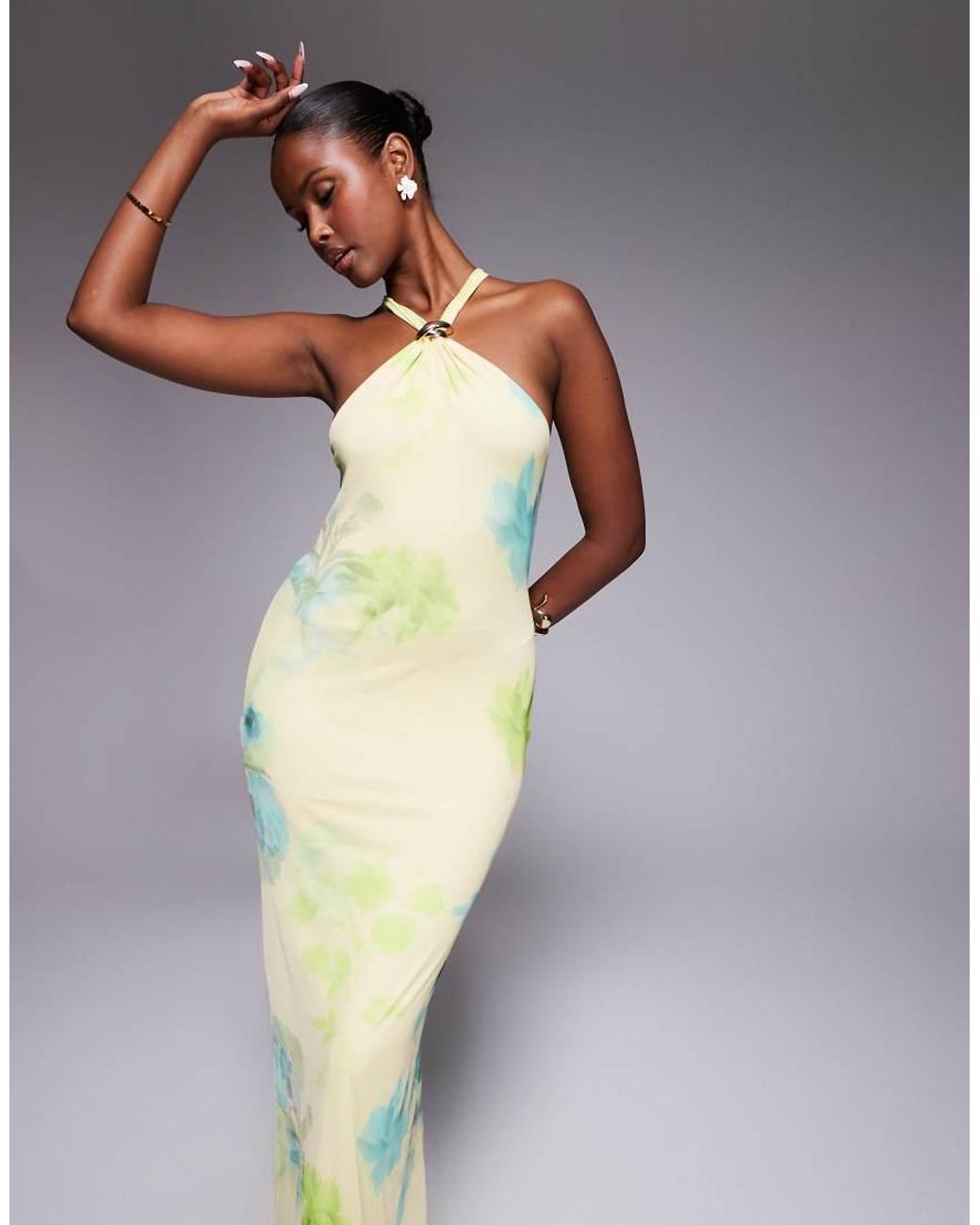 ASOS Multicolor Mesh Trimmed Halterneck Maxi Dress With Twisted Back Detail
