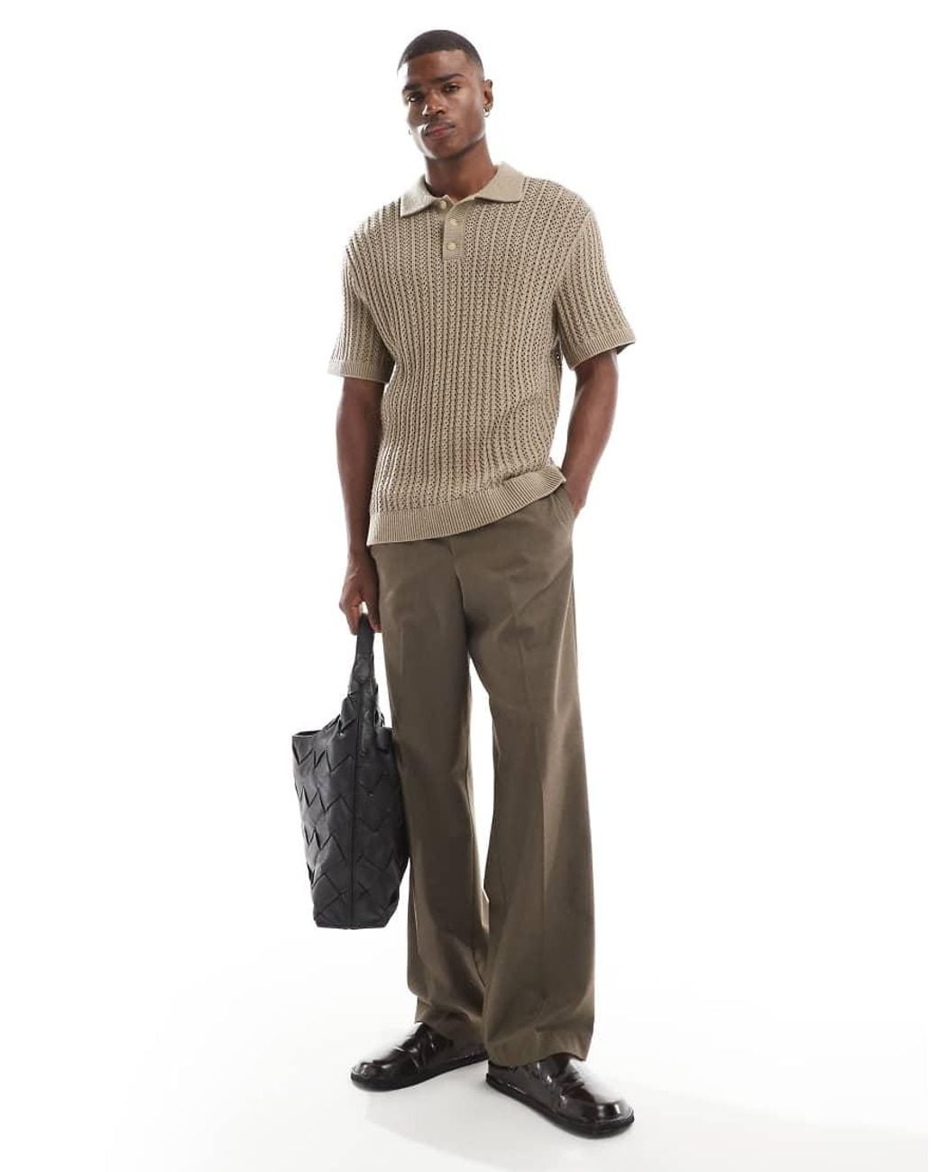 Jack & Jones Gray Premium Crochet Knitted Polo Shirt for men