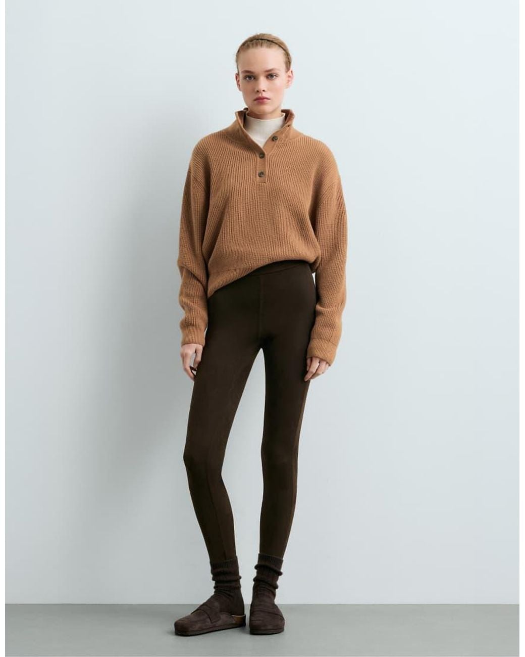 Oysho Brown Suede-Effect Ankle-Length Leggings
