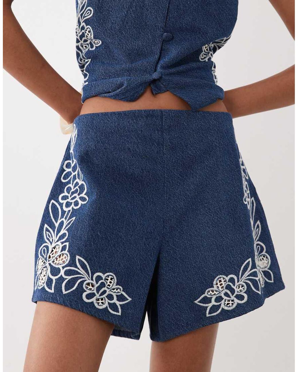 ASOS Blue Denim Short With Cutwork Detail