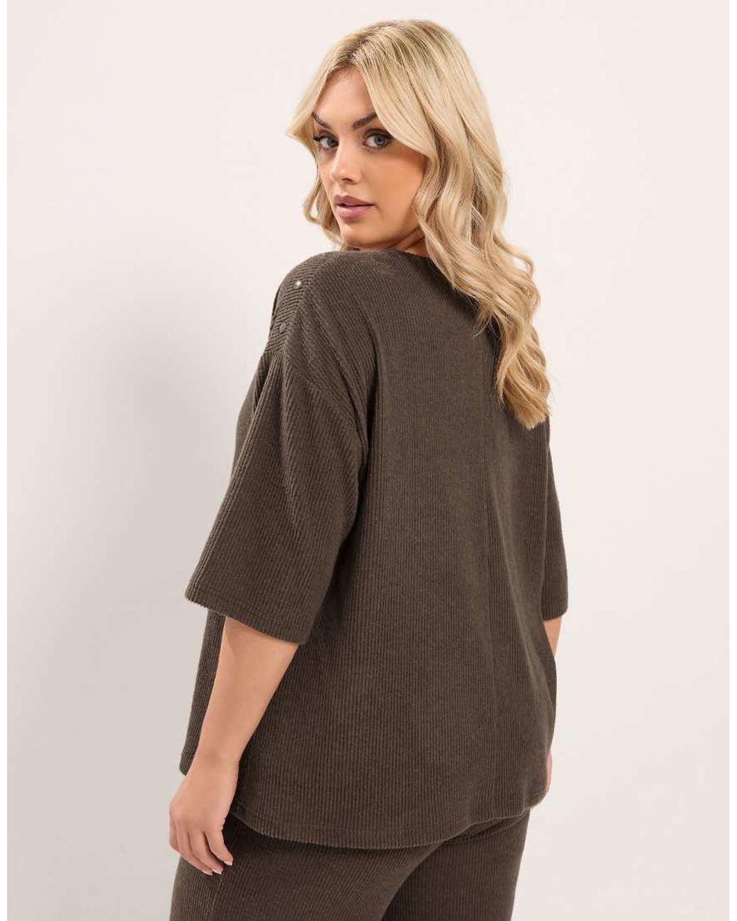 Yours Clothing Brown Ribbed Studded Top