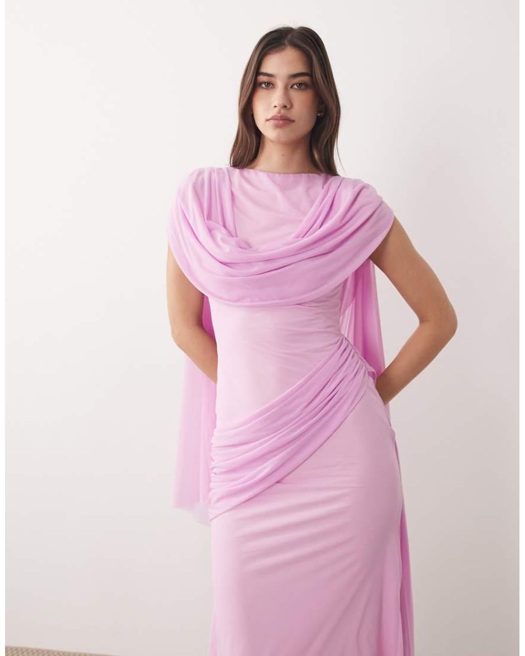 ASOS Pink Stretch Chiffon Cape Detail Cowl Maxi Dress With Sash Detail