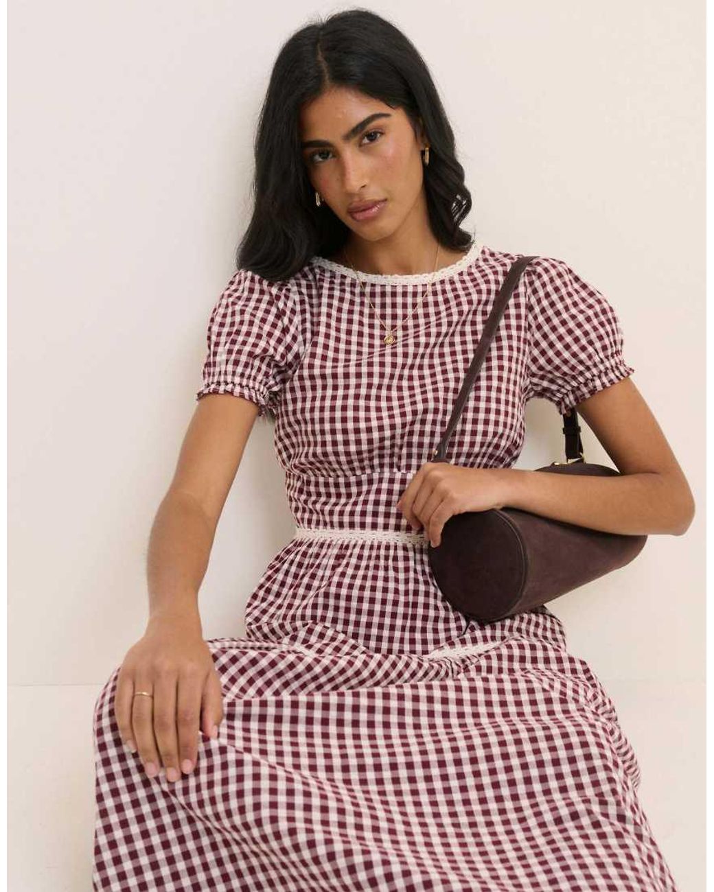 Nobody's Child Pink Gingham Cotton Lace Trim Dara Midi Dress