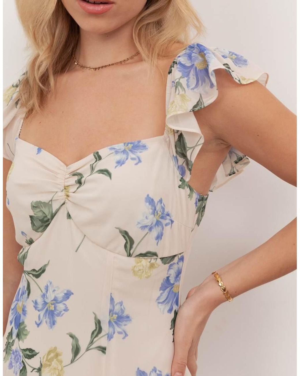 ANAYA Natural Flutter Sleeve Asymmetric Ruffle Maxi Dress