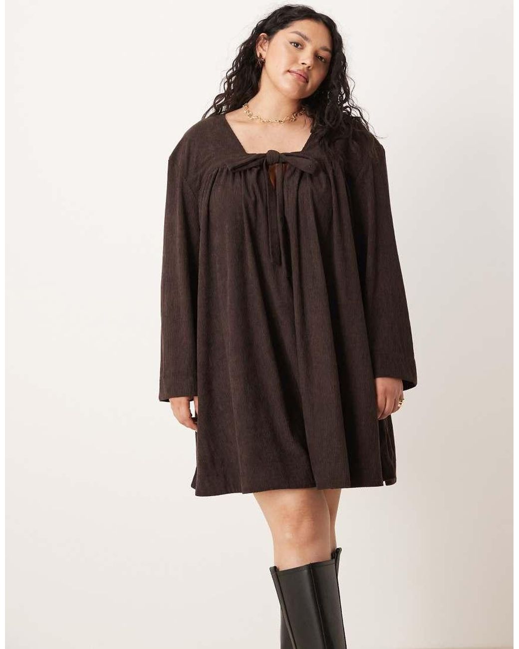 ASOS Black Asos Design Curve Cord Tie Front Mini Smock Dress