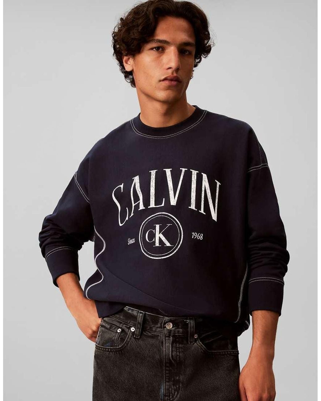 Calvin Klein Blue Relaxed Terry Logo Graphic Sweatshirt for men
