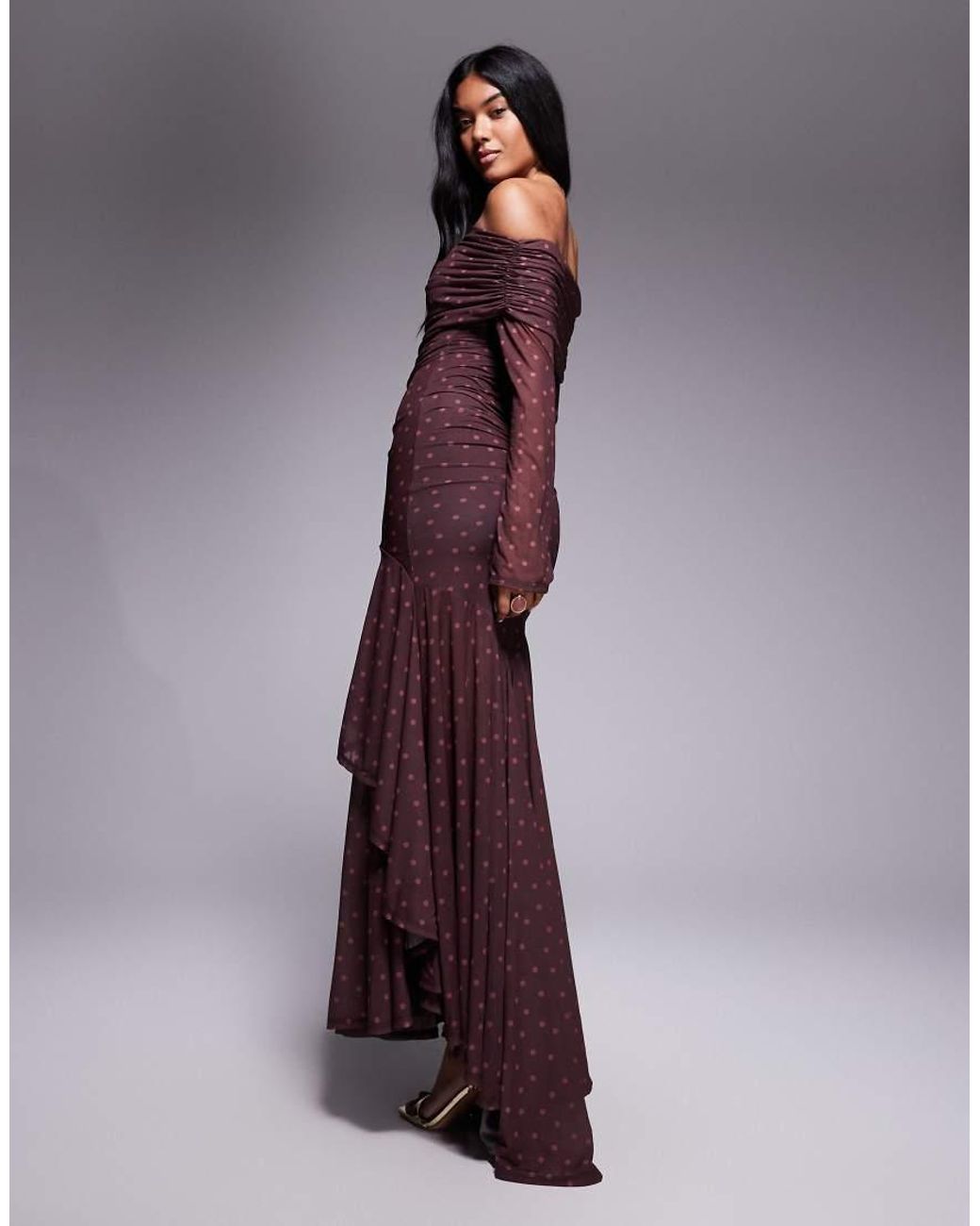 ASOS Purple Stretch Chiffon Long Sleeve Bardot Maxi Dress With Ruffle Hem
