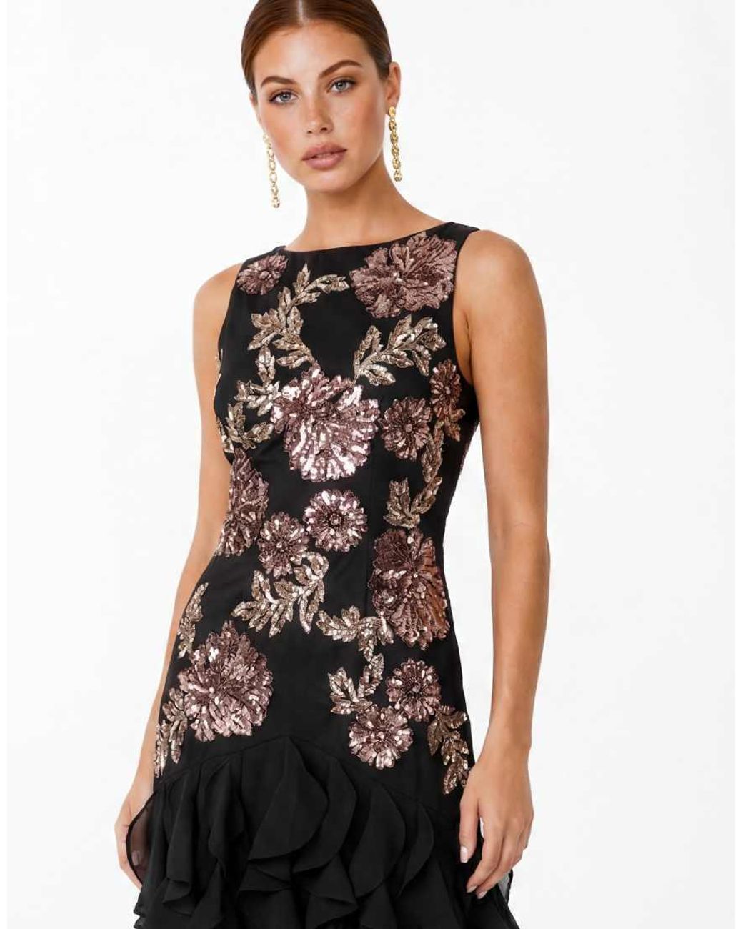 Maya Black Embellished Waterfall Ruffle Sleeveless Maxi Dress