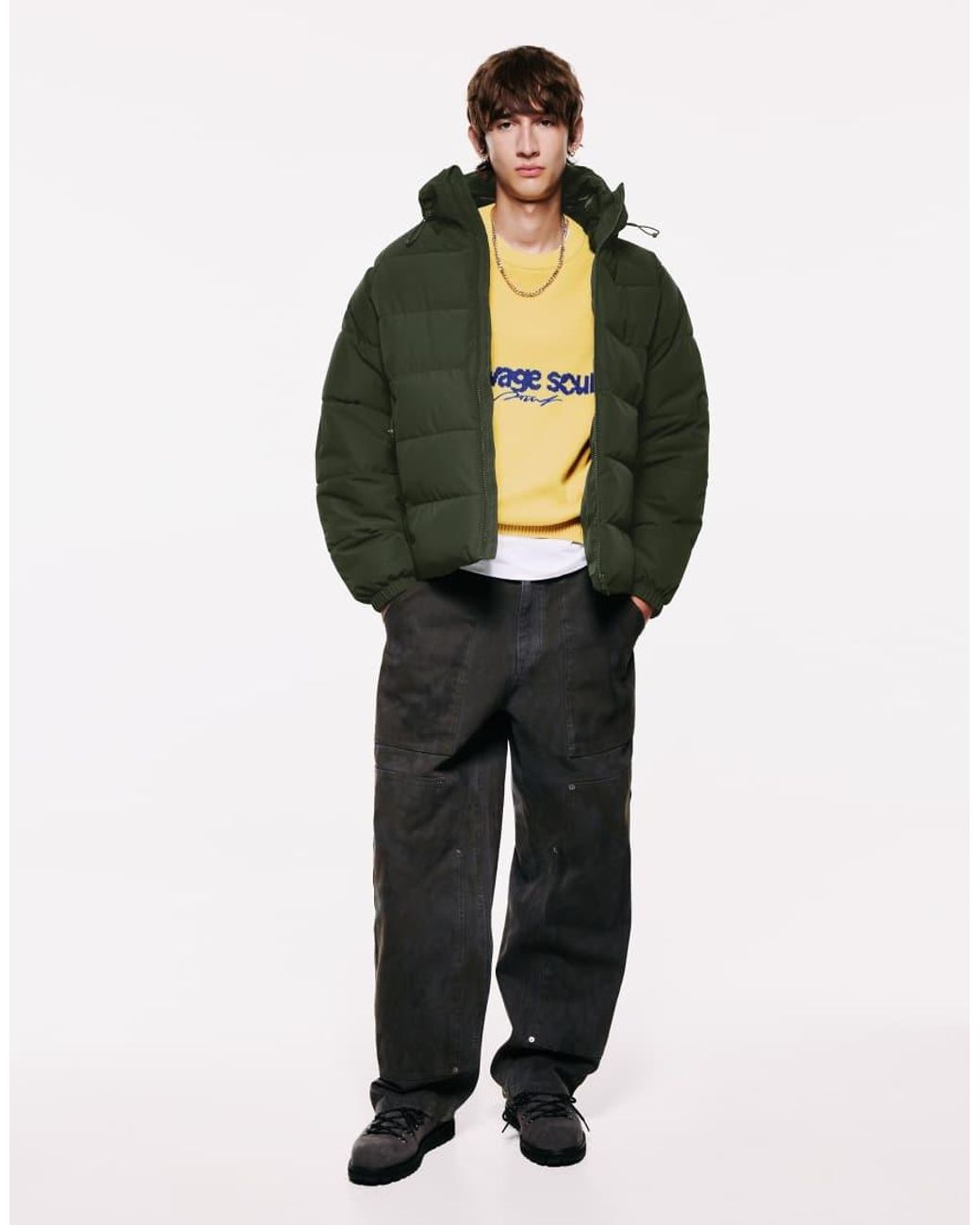 Pull&Bear Green Quilted Jacket With Hood for men