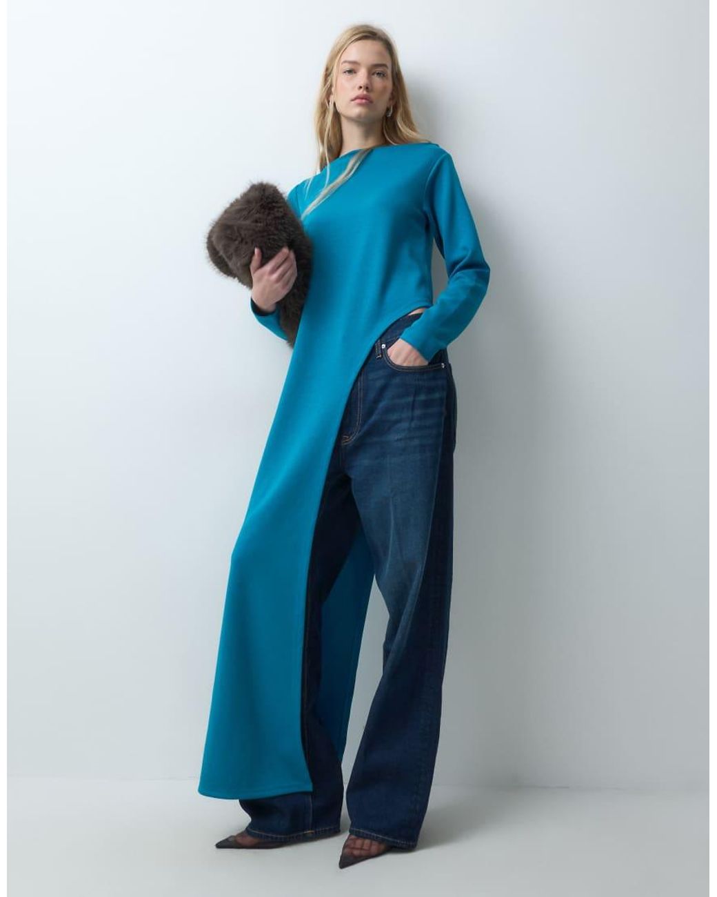 ASOS Blue Long Sleeve With Aysm Side Split Top