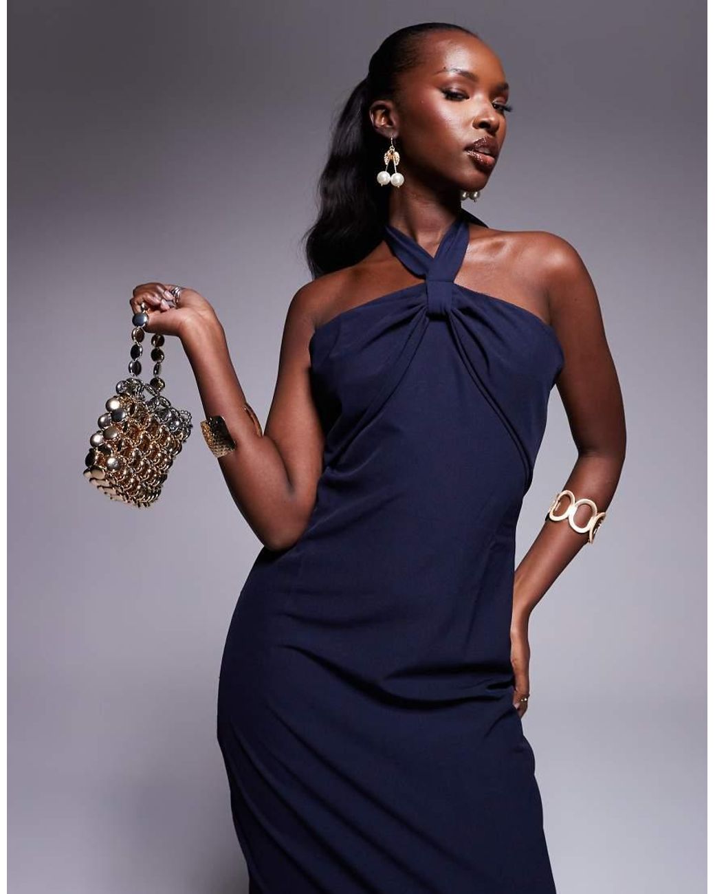 Vesper Blue Halterneck Maxi Dress With Bow