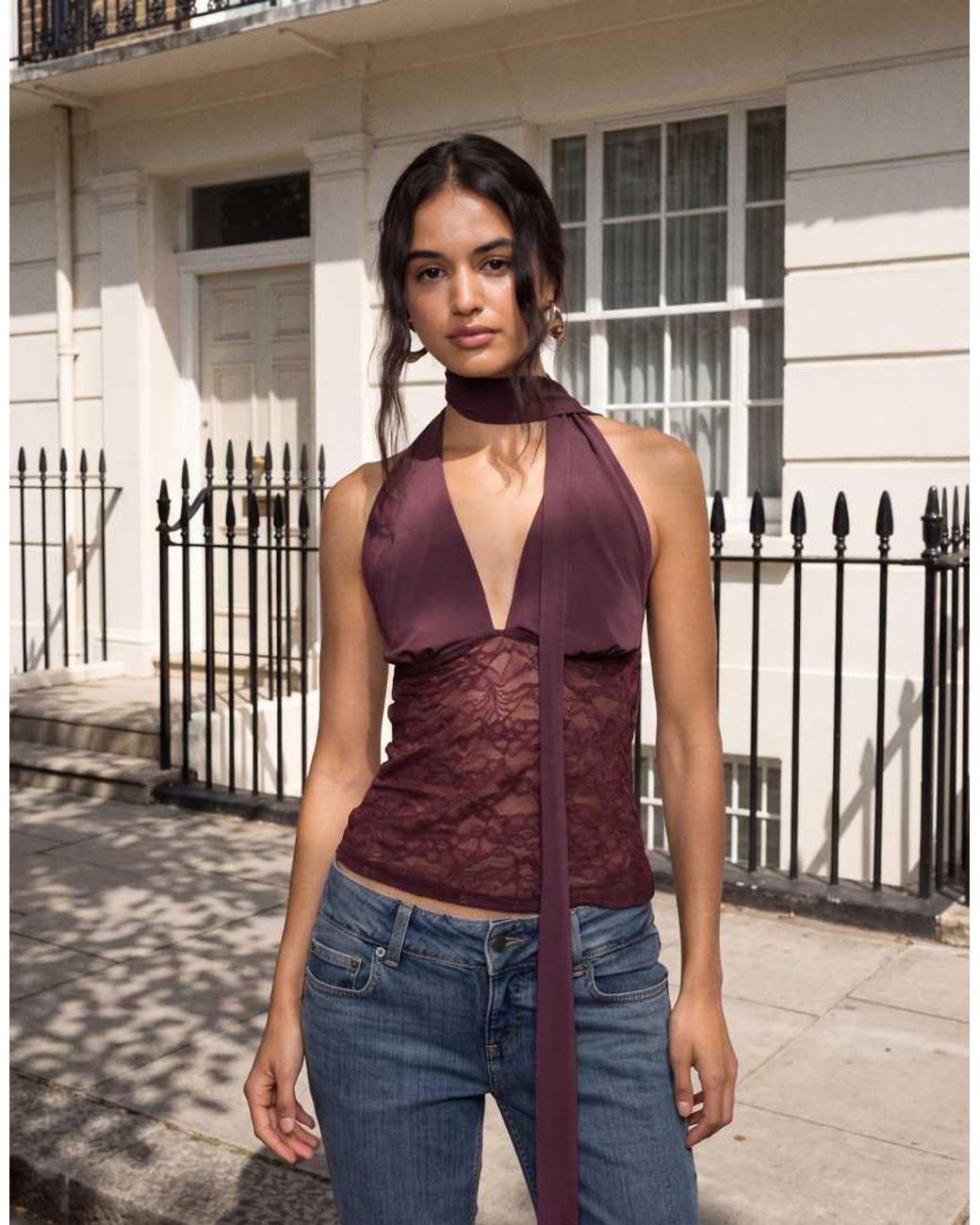 Gina Tricot Brown Lace Plunge Top With Scarf