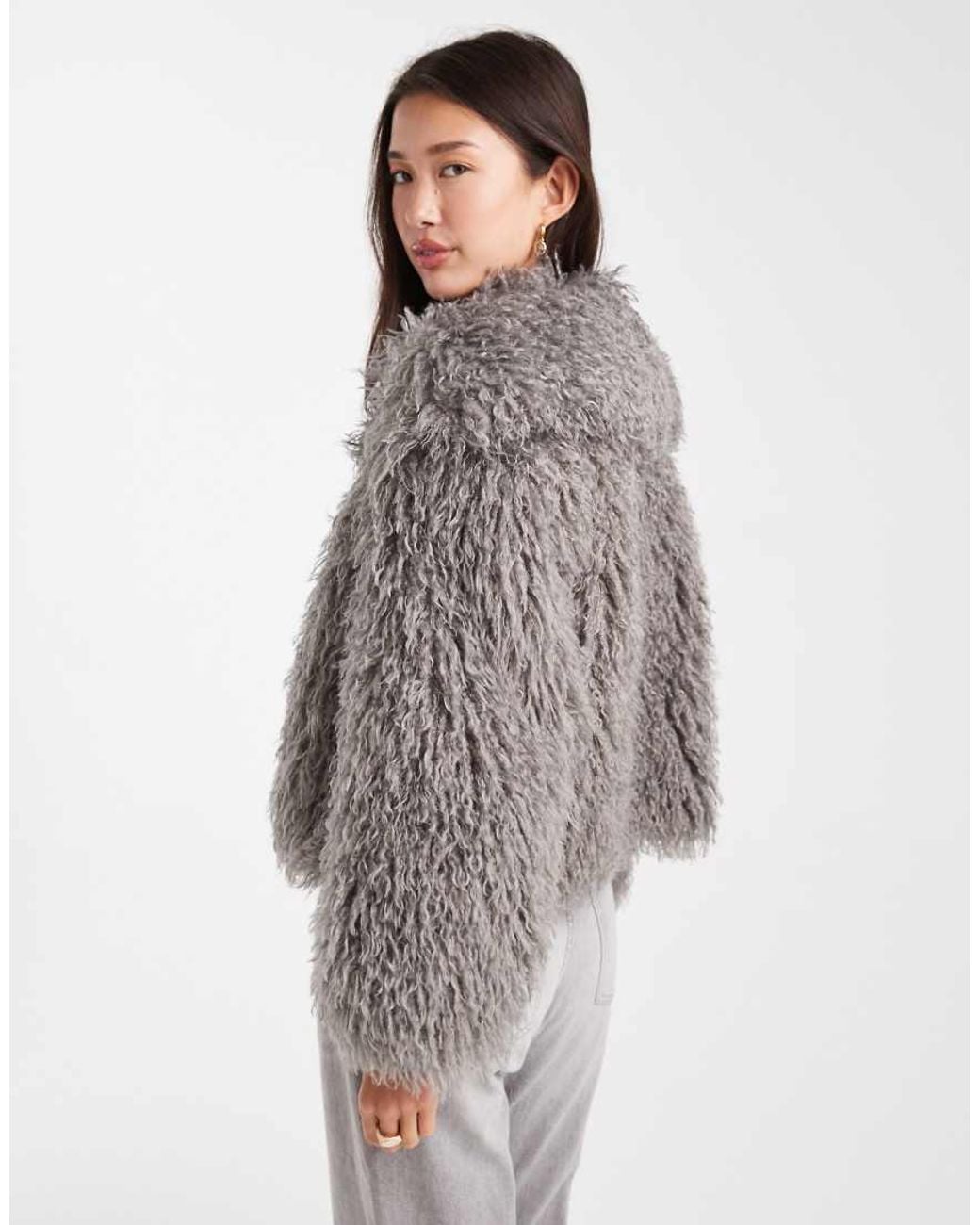 Daisy Street Brown Faux Fur Cocoon Coat With Ribbed Cuff Detailing