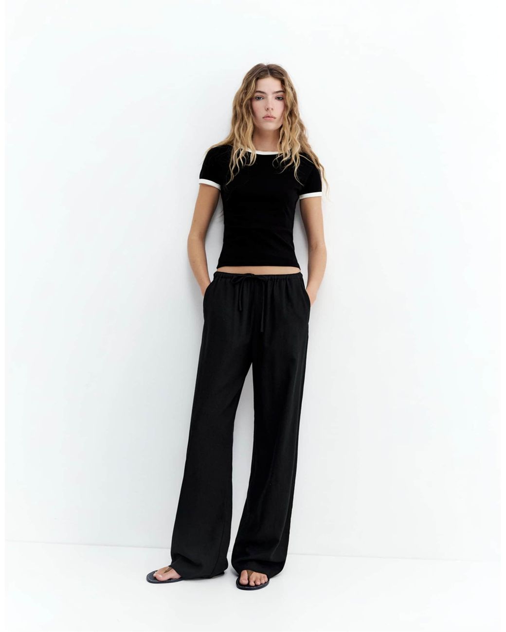 Pantalon en lin mélangé Pull&Bear en coloris Black
