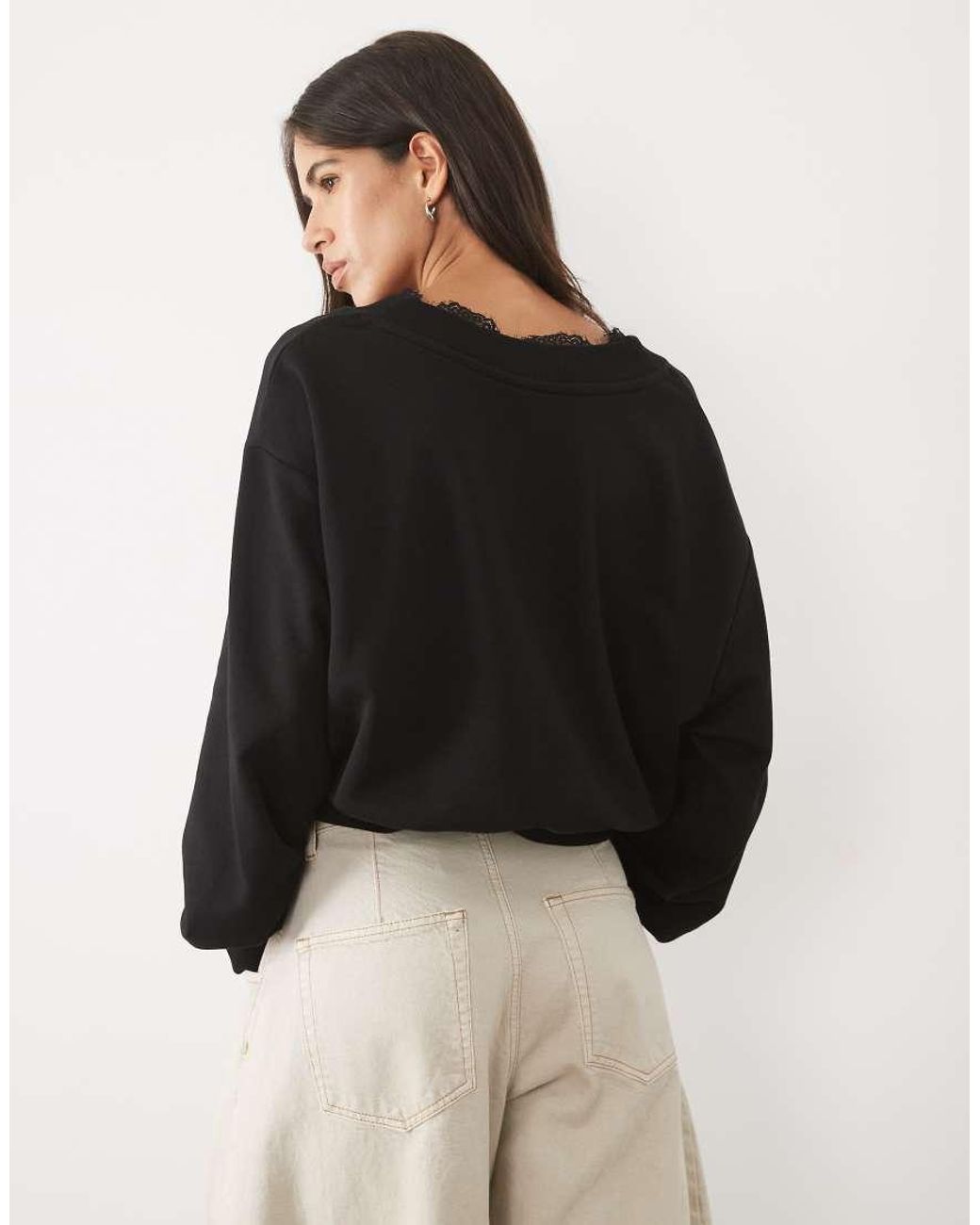 ASOS Black Lace Trim V Neck Sweatshirt