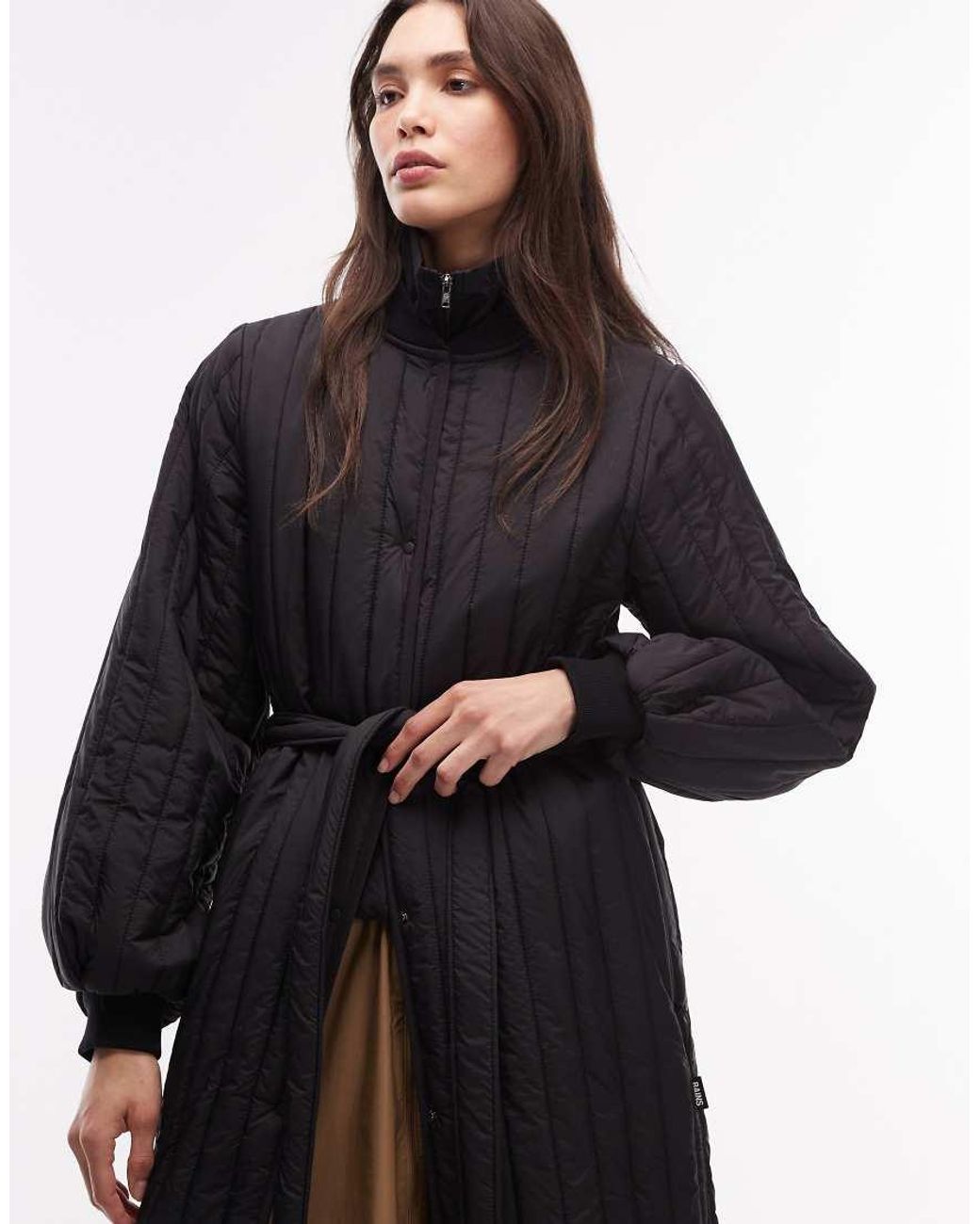 Rains Black 21870 Banja Water Repellent Quilted Liner Belted Coat