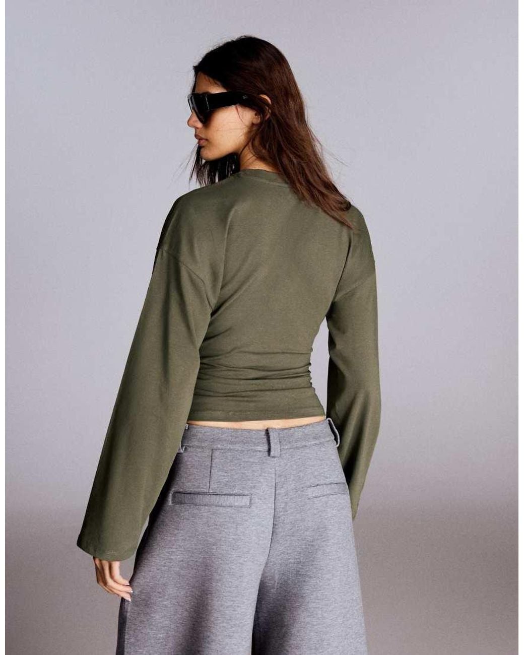 Bershka Brown Ruched Long Sleeve T-shirt