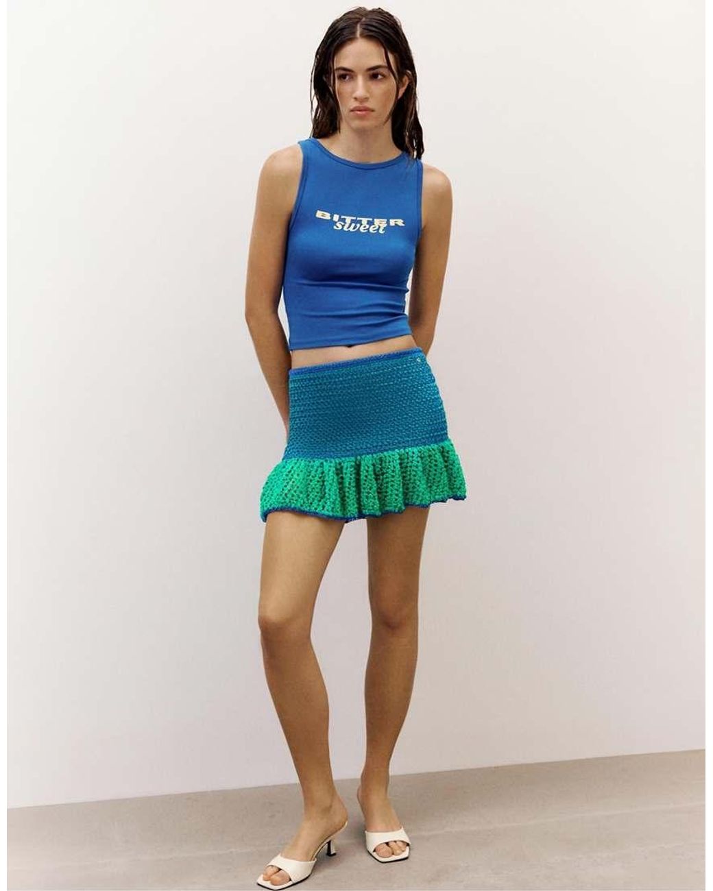 Pull&Bear Blue Ruffled Knit Mini Skirt