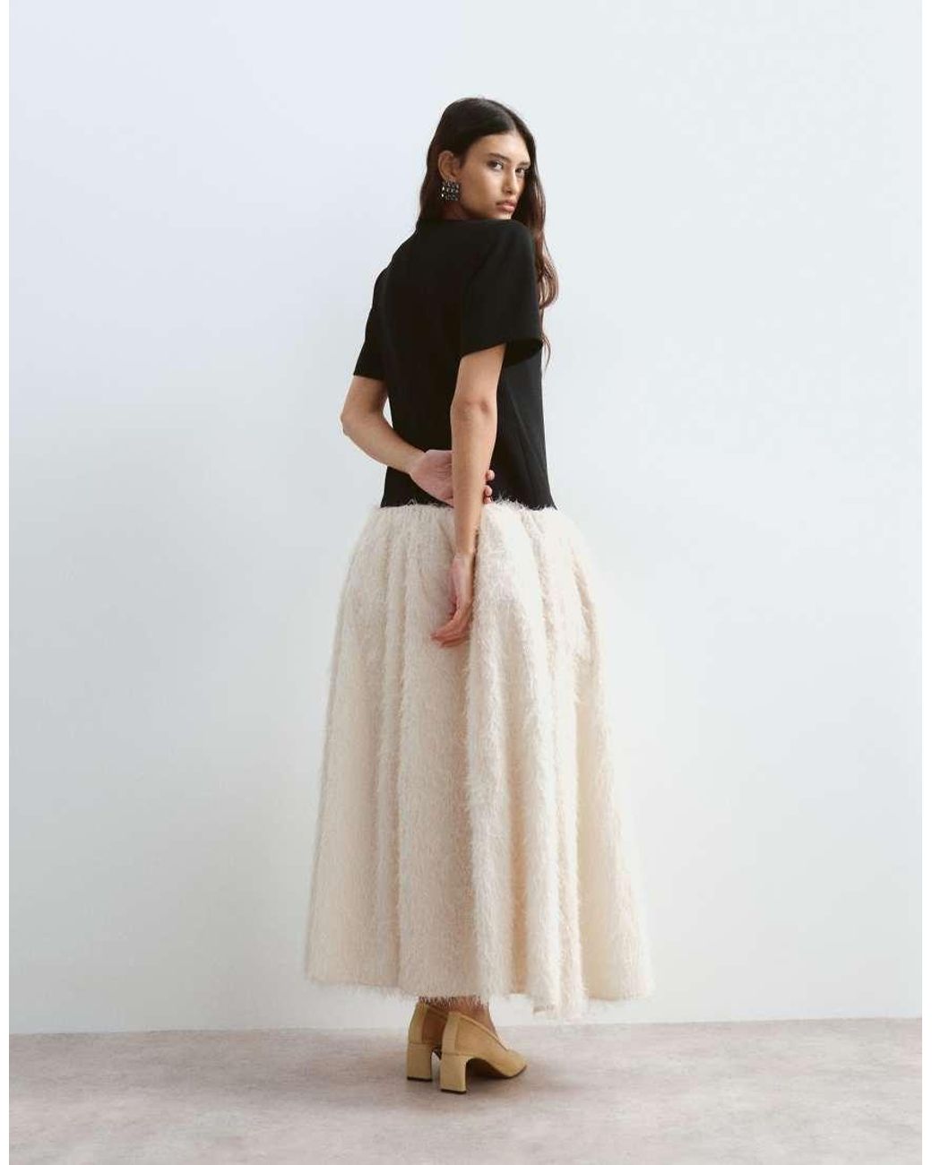 ARRANGE White Drop Waist T-Shirt Maxi Dress With Fringe Skirt