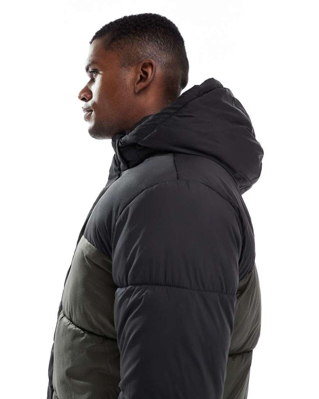 Jack & Jones Black Hooded Colour Blocked Puffer for men