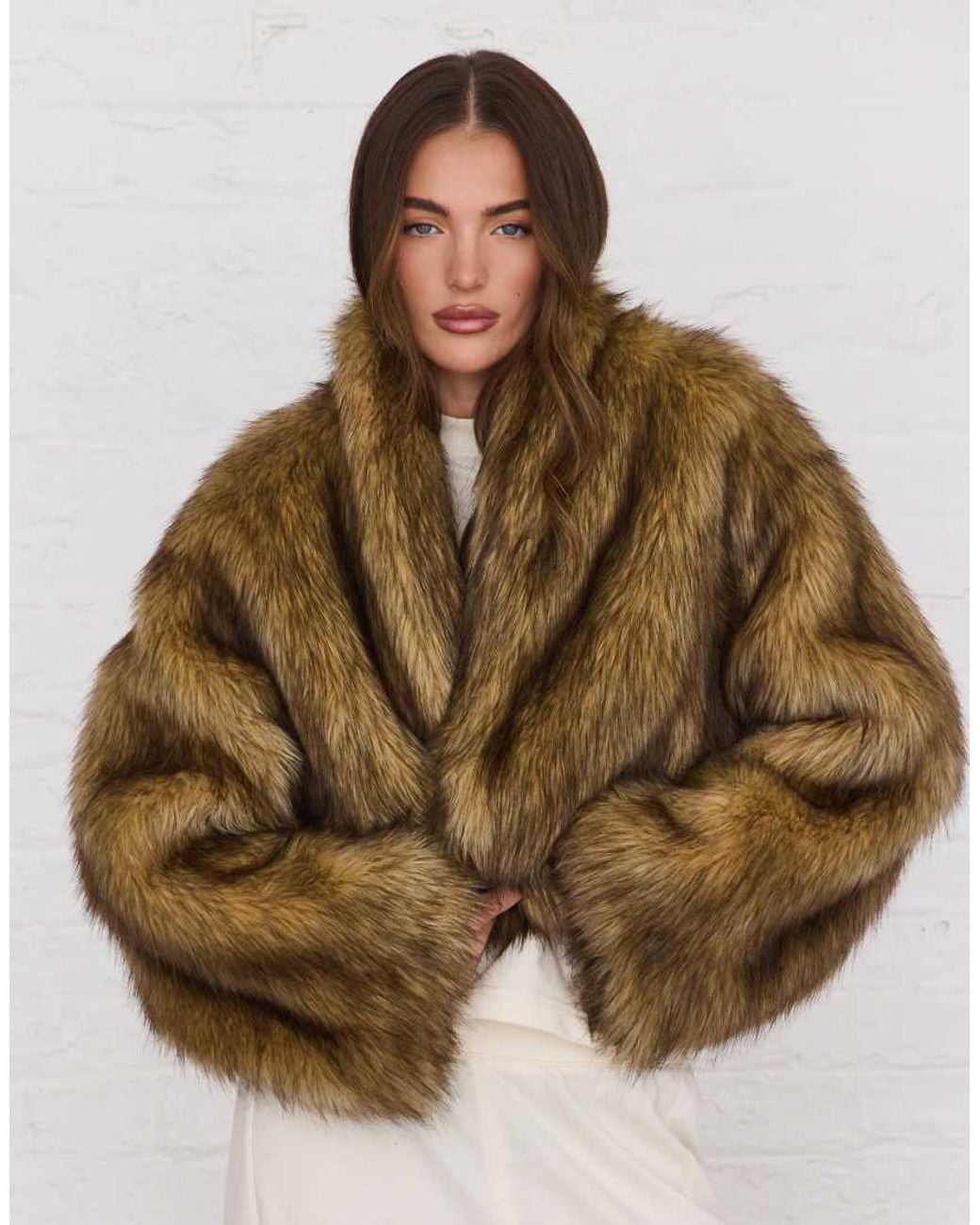 Aria Cove Brown Oversized Cropped Wide Sleeve Faux Fur Jacket