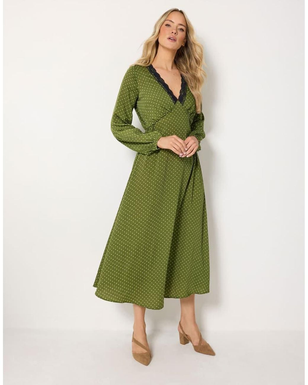 Long Tall Sally Green Polka Dot Lace Detail Satin Midi Dress
