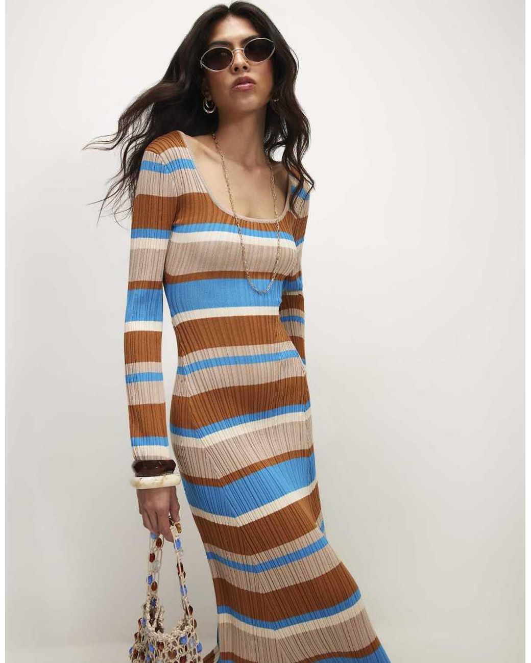 River Island Blue Long Sleeve Stripe Knit Midi Dress