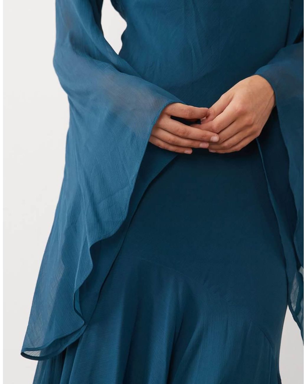 ASOS Blue Flute Sleeve Maxi Dress With Asymmetric Ruffle Hem