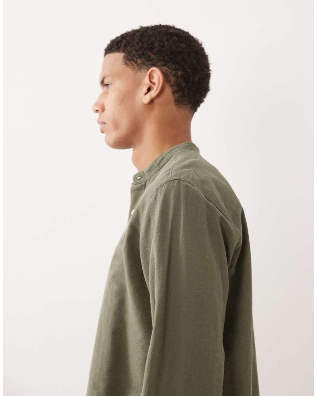 Jack & Jones Green Linen Blend Shirt With Grandad Collar for men