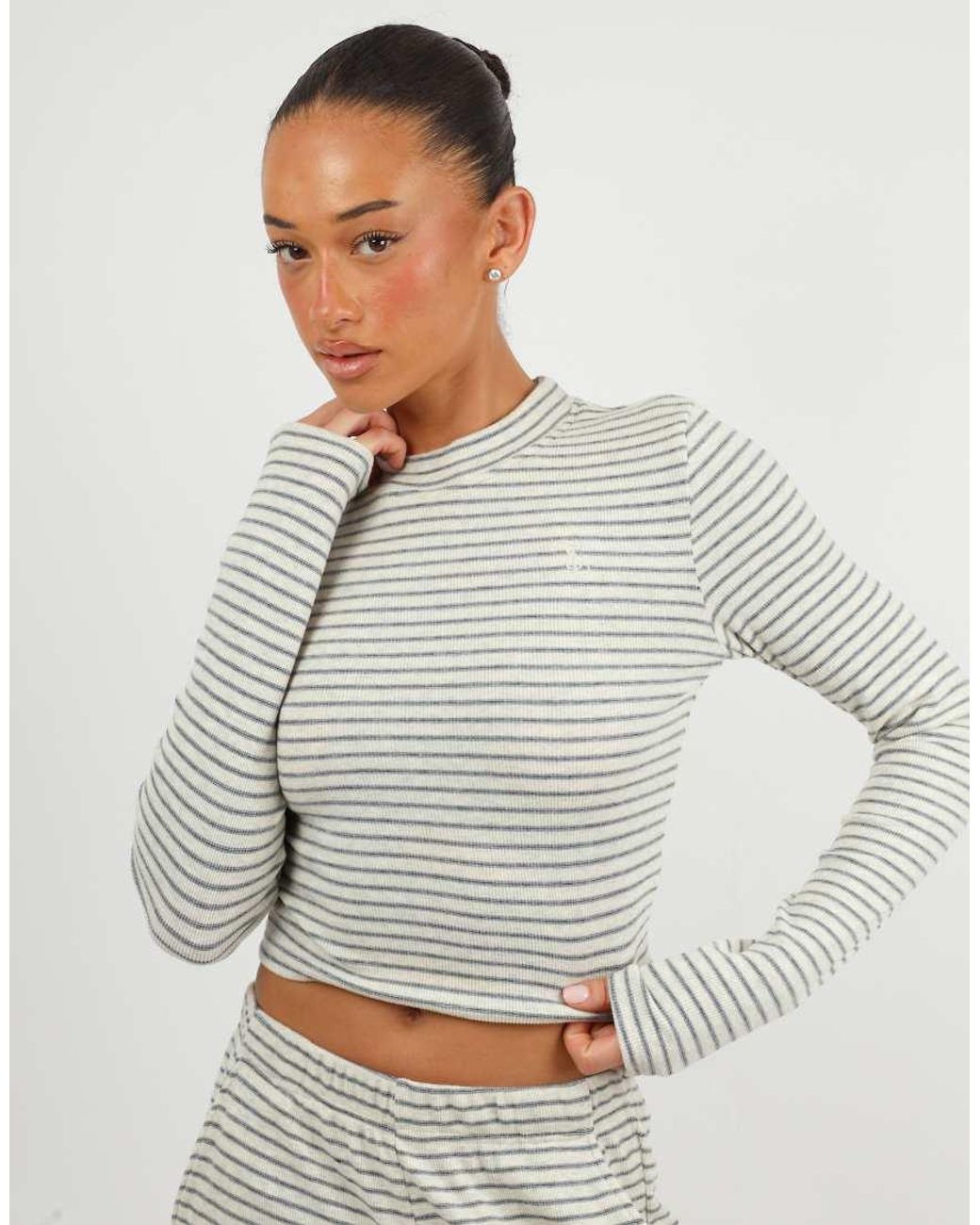 SIMMI Gray Monique Soft Stripe Fine Ribbed Long Sleeve Top