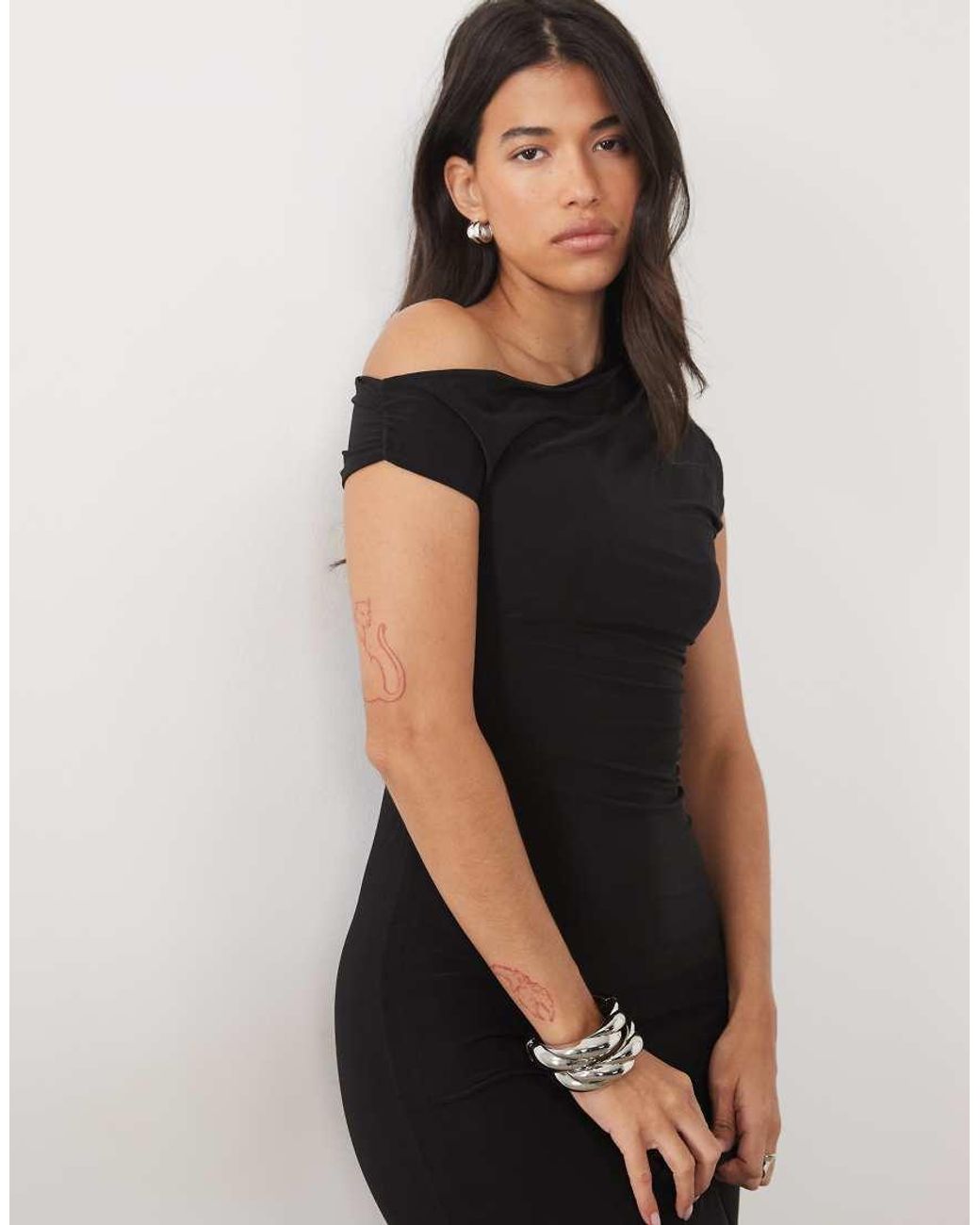 Kaiia Black Exclusive Double Layered Slinky Drape Off Shoulder Bodycon Maxi Dress