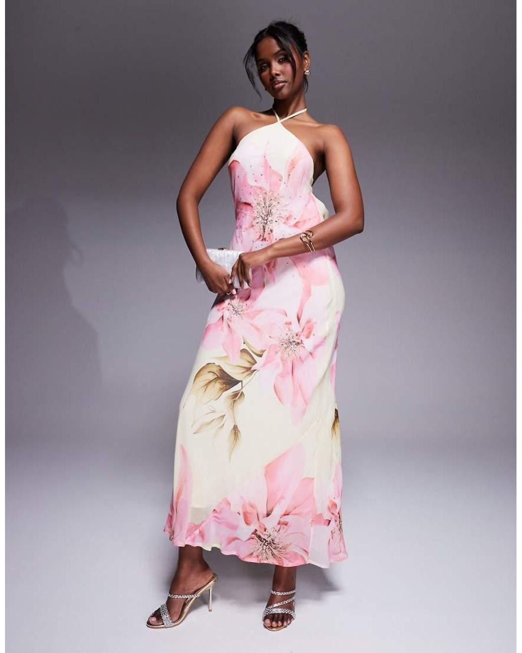 river island midi dress with ruffle detail in pink floral Topshop ruffle midi slip dress in pink abstract floral