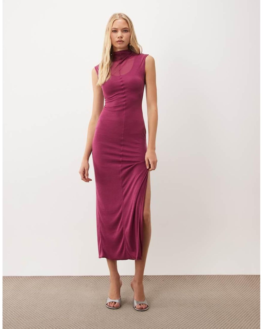 ASOS Purple Semi Sheer Knit Look High Neck Sleeveless Column Maxi Dress