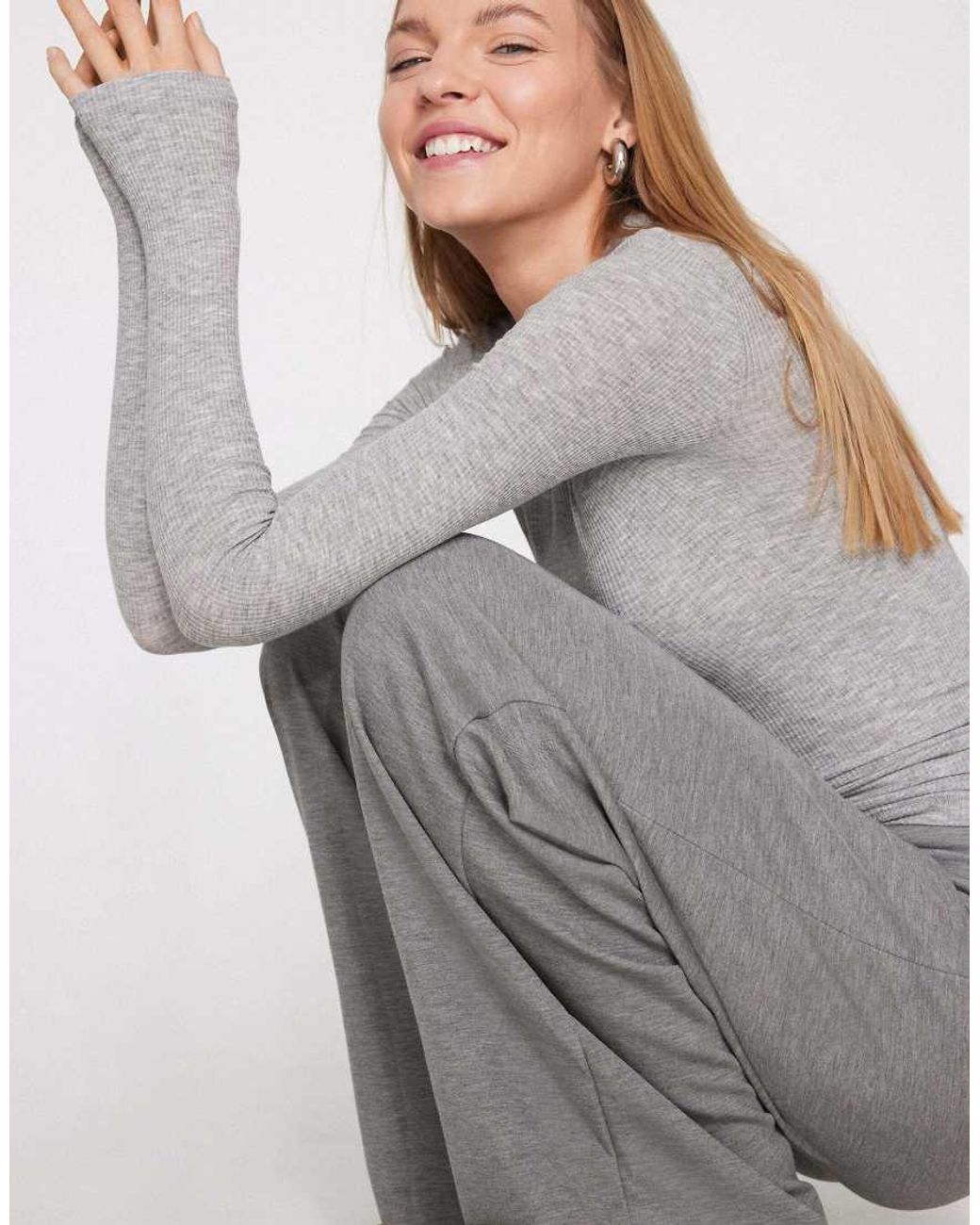 Tezenis Gray Long Sleeve Round Neck Ribbed Top