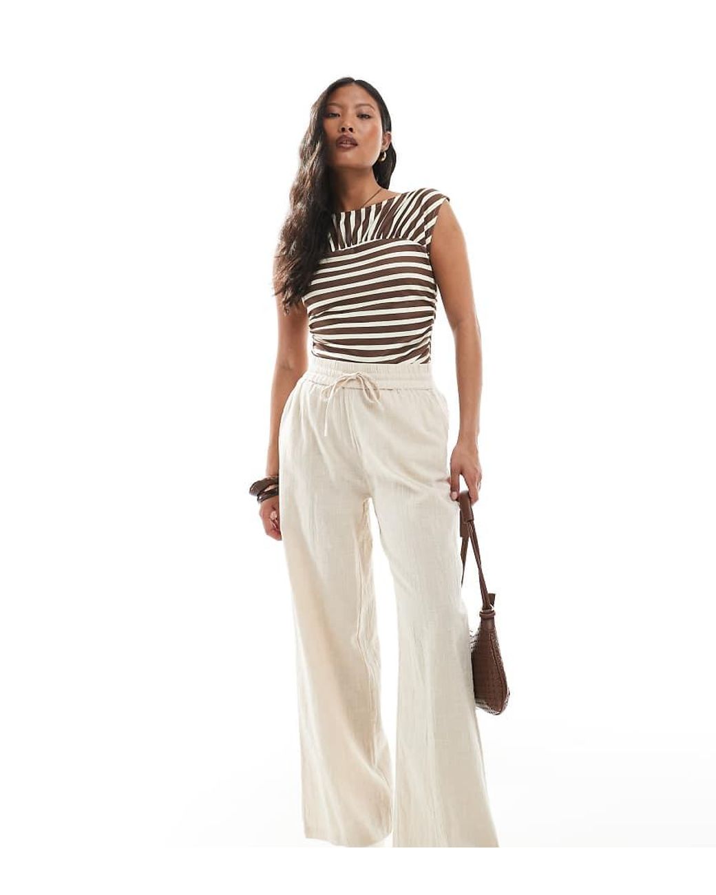 Only Petite White Wide Leg Linen Look Trousers